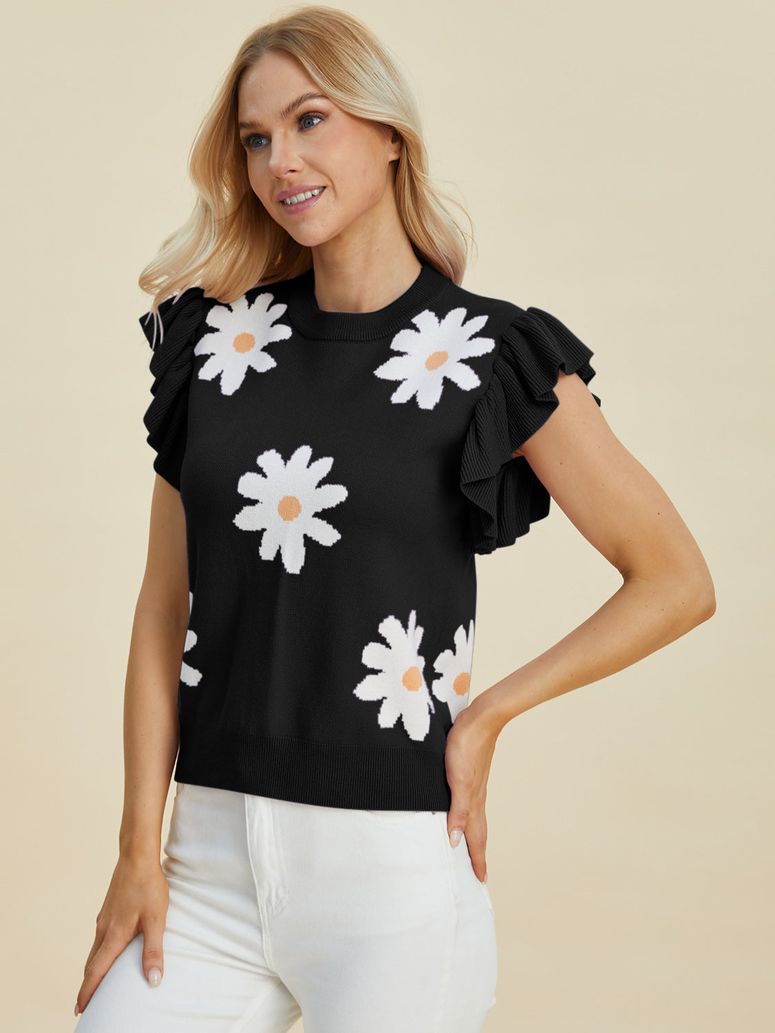 Double Take Full Size Ruffled Flower Round Neck Cap Sleeve Sweater-Angel Casuals