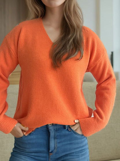 V-Neck Dropped Shoulder Long Sleeve Sweater-Angel Casuals