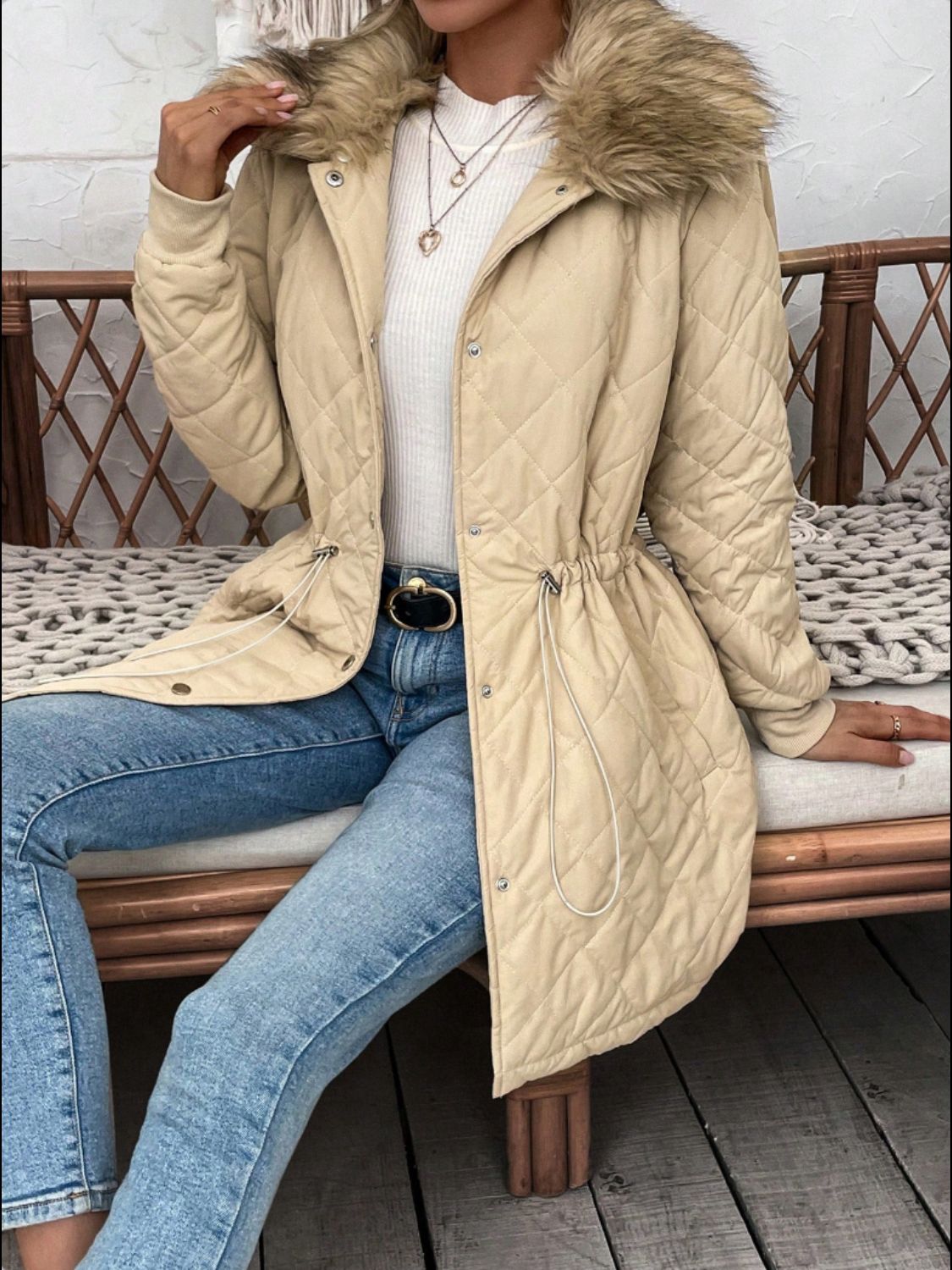 Drawstring Snap Down Long Sleeve Outerwear-Angel Casuals