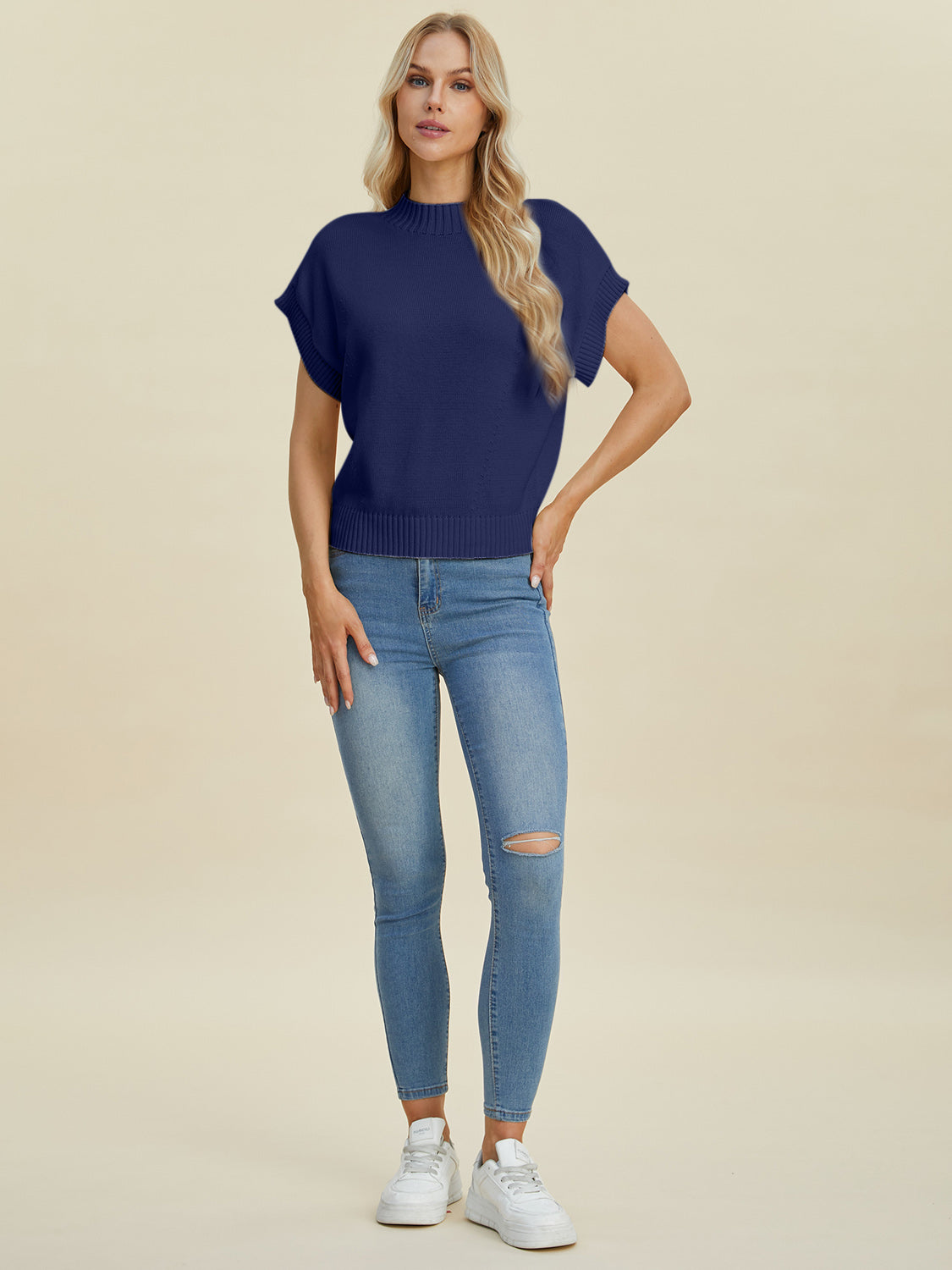 Double Take Full Size Mock Neck Short Sleeve Sweater-Angel Casuals