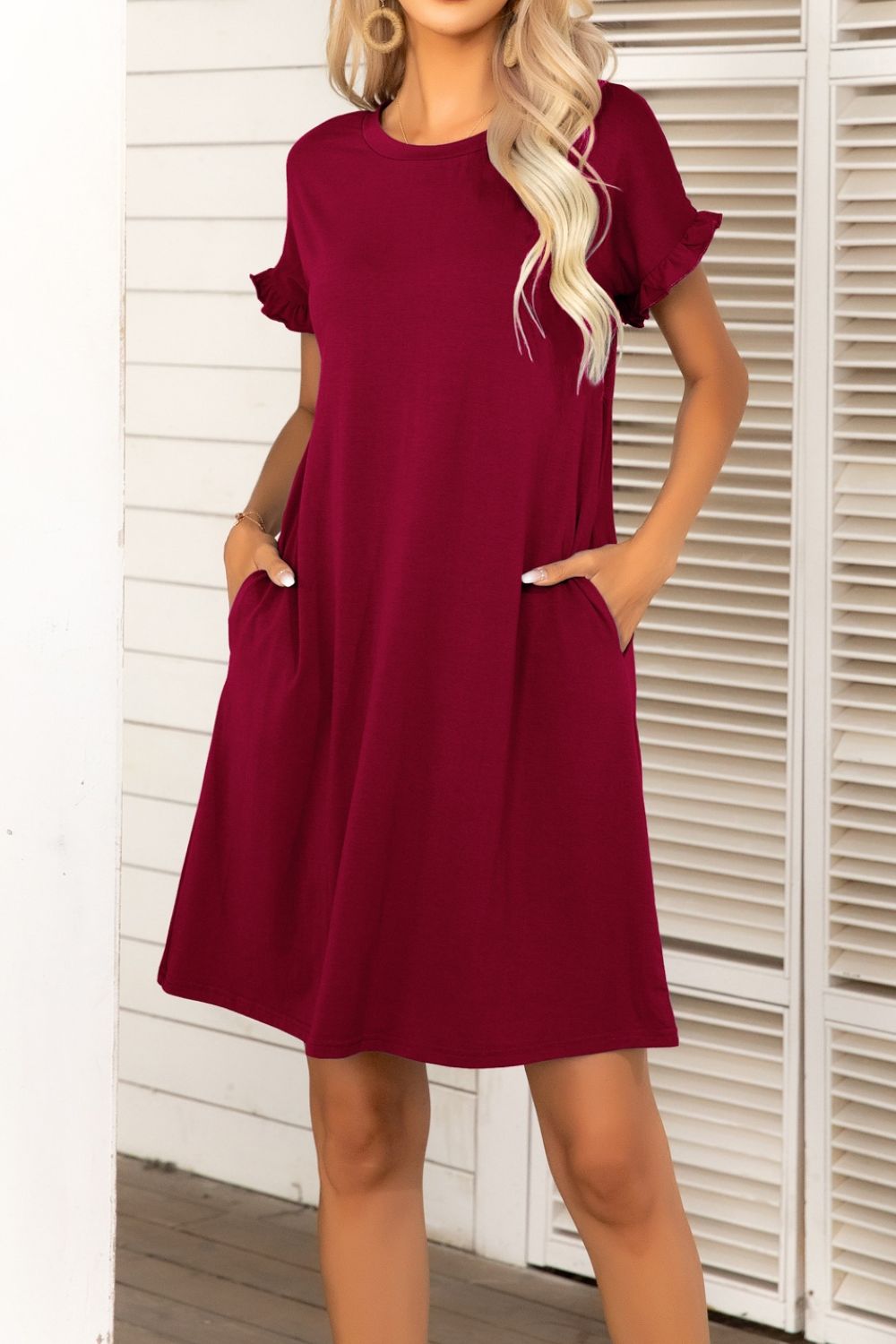 Flounce Sleeve Round Neck Dress with Pockets-Angel Casuals