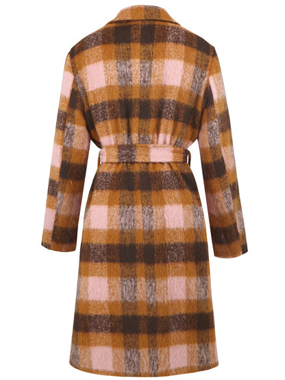 Tied Plaid Collared Neck Coat-Angel Casuals