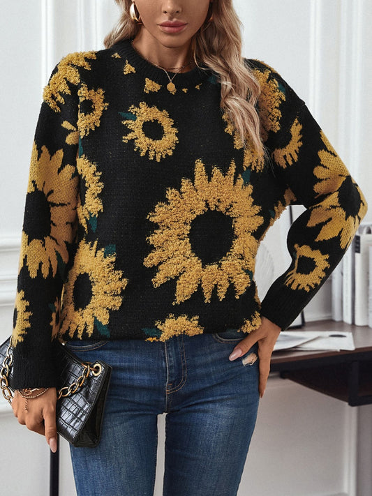 Sunflower Round Neck Long Sleeve Sweater-Angel Casuals