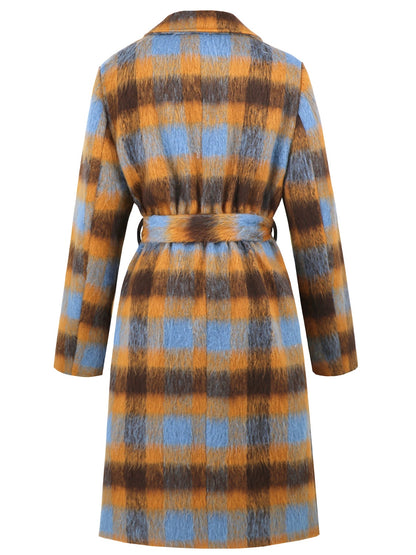 Tied Plaid Collared Neck Coat-Angel Casuals