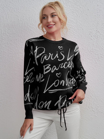 Drawstring Hem Letter Pattern Round Neck Dropped Shoulder Sweater-Angel Casuals