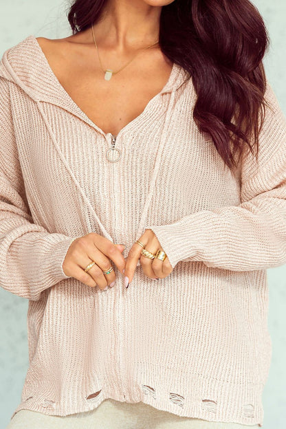 Distressed Zip Up Drawstring Hooded Cardigan-Angel Casuals