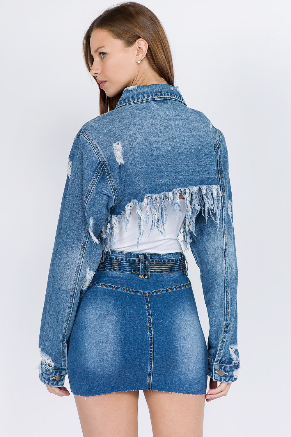 American Bazi Distressed Denim Jacket with Frayed Hem-Angel Casuals