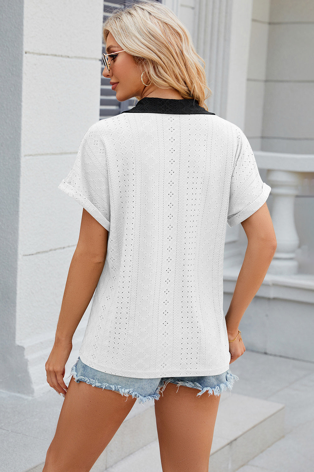 Eyelet Johnny Collar Short Sleeve T-Shirt-Angel Casuals