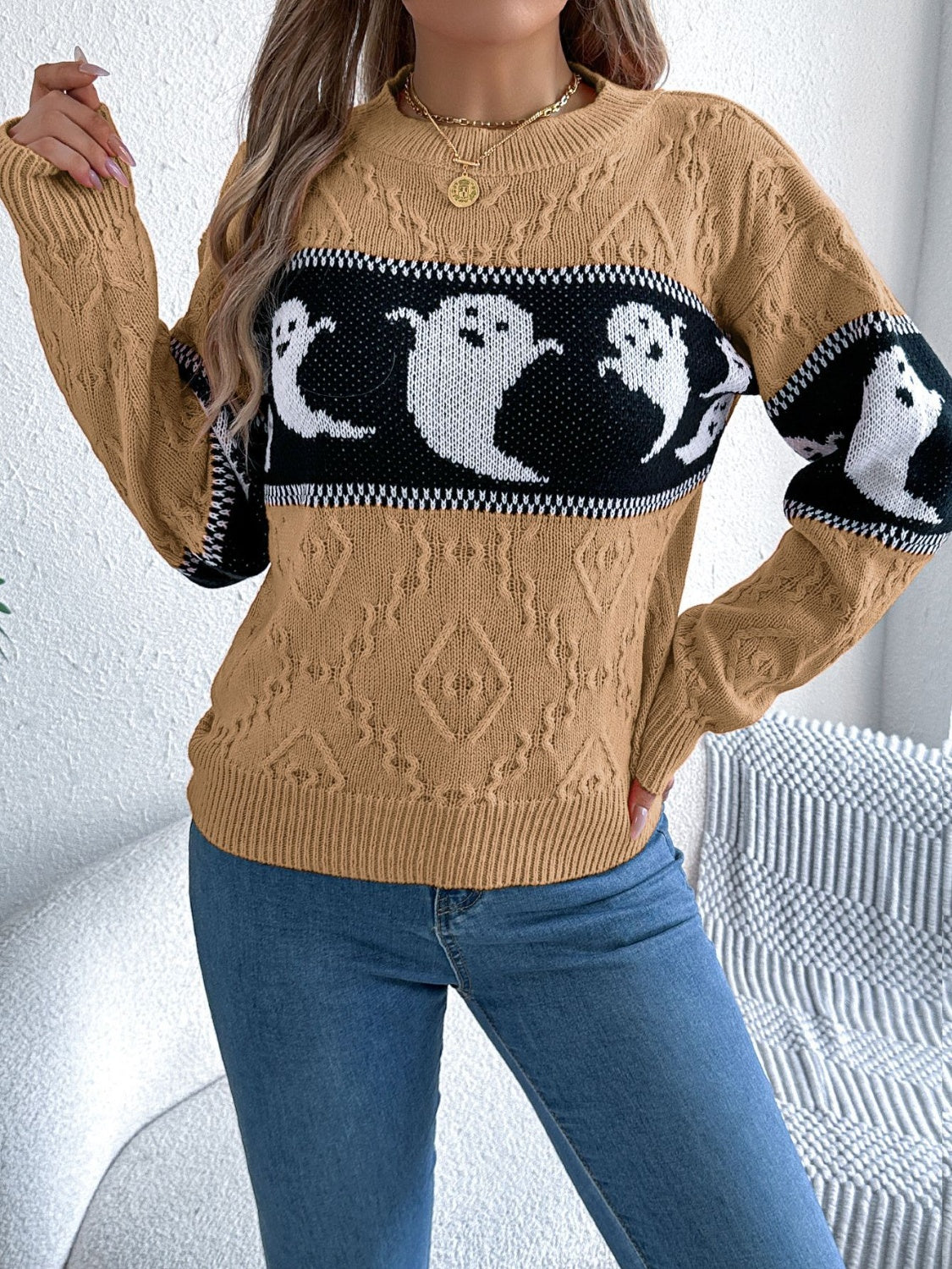 Ghost Round Neck Long Sleeve Sweater-Angel Casuals