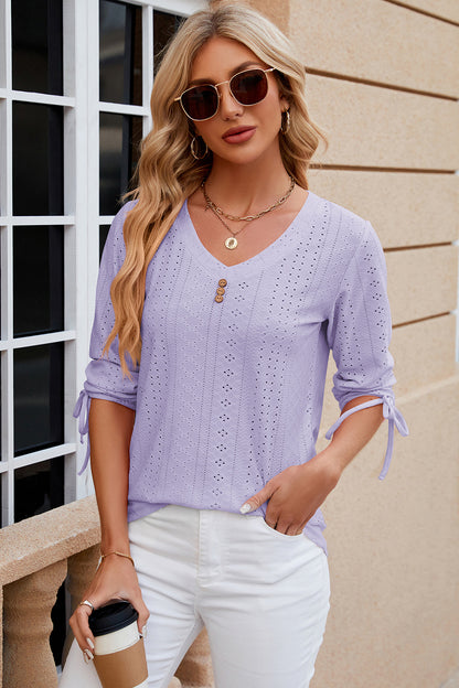 Eyelet Drawstring V-Neck Half Sleeve T-Shirt-Angel Casuals