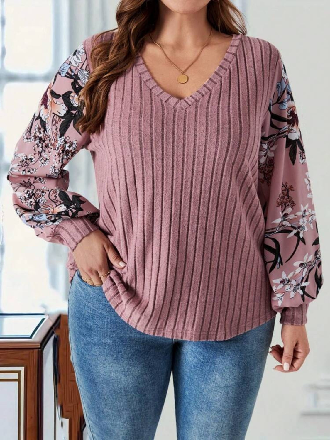 Plus Size Printed V-Neck Long Sleeve T-Shirt-Angel Casuals