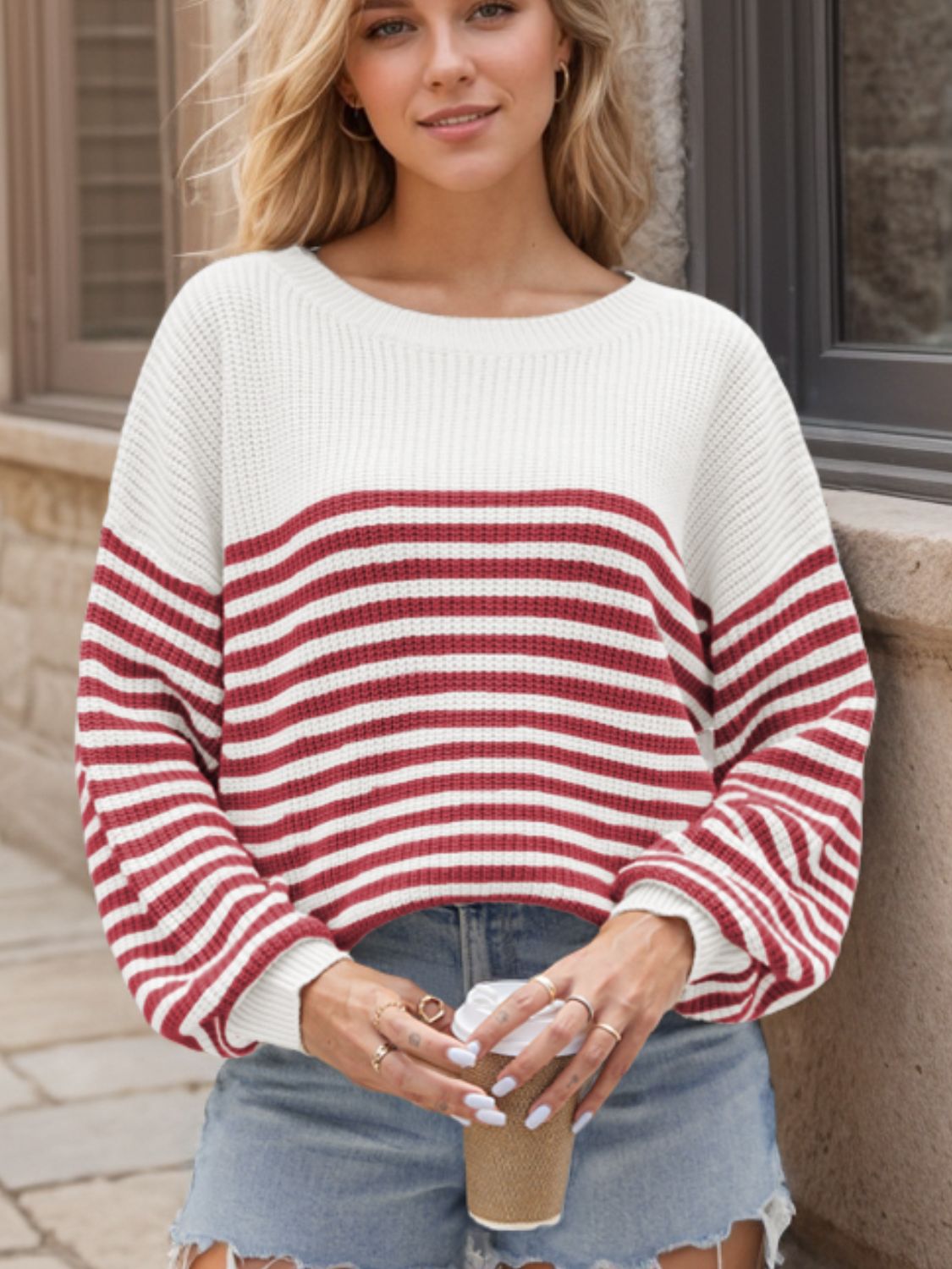 Striped Round Neck Long Sleeve Sweater-Angel Casuals