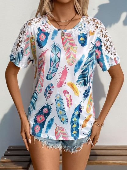 Perfee Printed Round Neck Lace Short Sleeve Top-Angel Casuals
