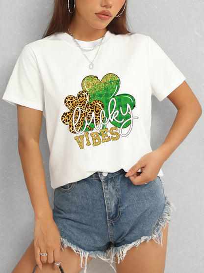 LUCKY VIBES Round Neck Short Sleeve T-Shirt-Angel Casuals