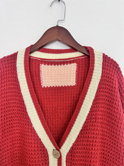 Pocketed Contrast V-Neck Long Sleeve Cardigan-Angel Casuals