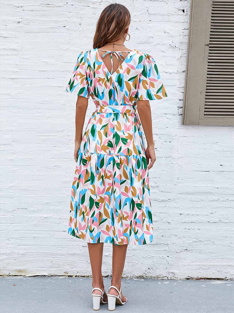 Printed Tie-Waist V-Neck Flutter Sleeve Dress-Angel Casuals