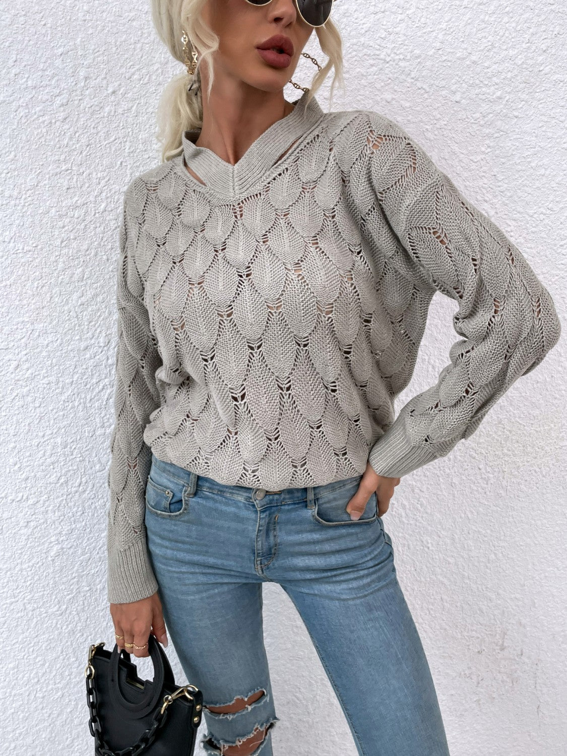 Openwork Cutout Dropped Shoulder Sweater-Angel Casuals