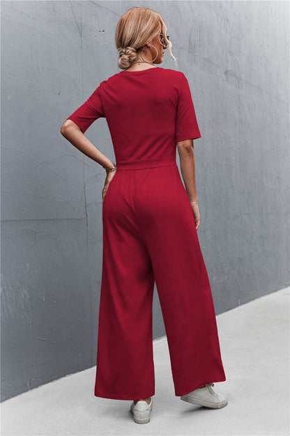 Scoop Neck Half Sleeve Wide Leg Jumpsuit-Angel Casuals