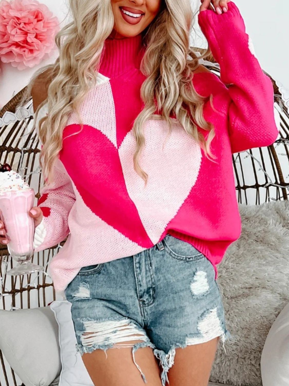 Valentine's Day Heart Turtleneck Cold Shoulder Sweater-Angel Casuals