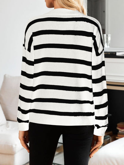 Many Striped Johnny Collar Long Sleeve Sweater-Angel Casuals