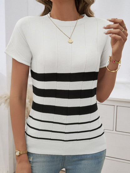 Devine Striped Round Neck Short Sleeve Knit Top-Angel Casuals