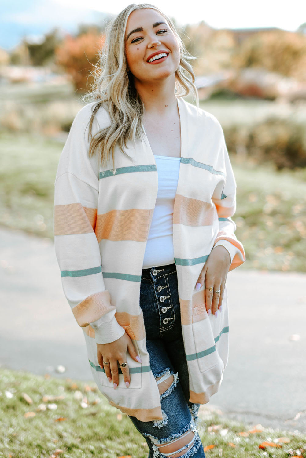 Plus Size Striped Open Front Cardigan-Angel Casuals