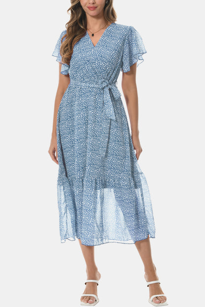 Surplice Neck Flutter Sleeve Tied Dress-Angel Casuals