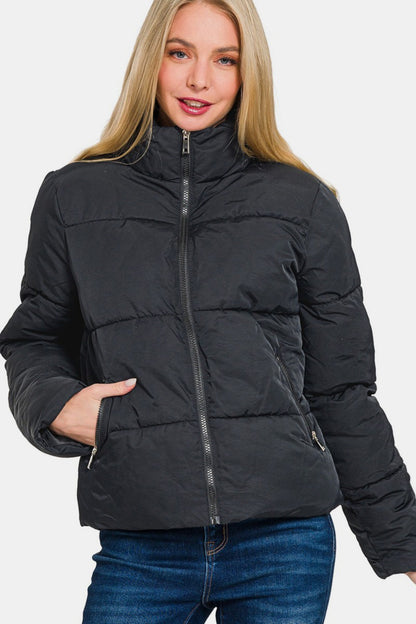 Zenana Zip Up Turtleneck Puffer Jacket with Pockets-Angel Casuals