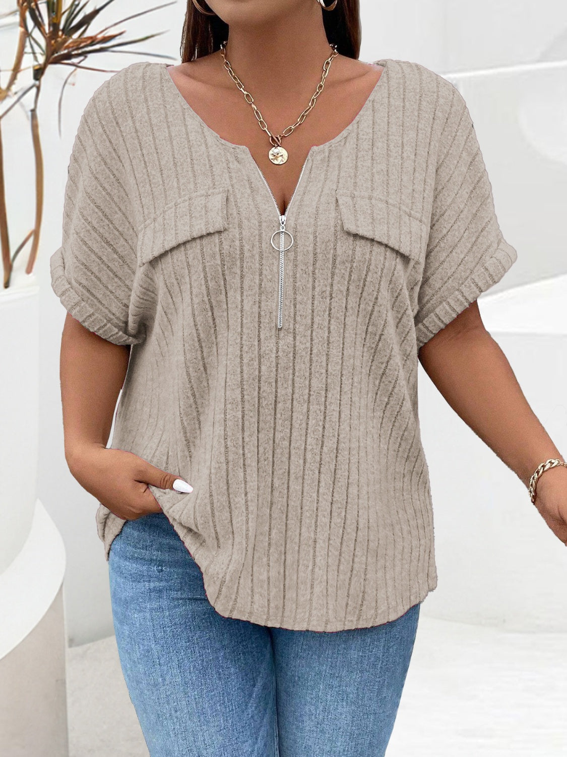 Plus Size Half Zip Short Sleeve T-Shirt-Angel Casuals