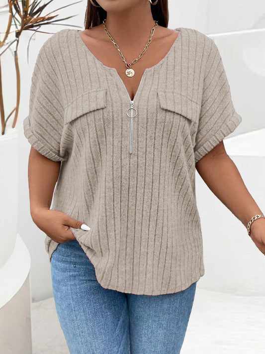 Plus Size Half Zip Short Sleeve T-Shirt-Angel Casuals