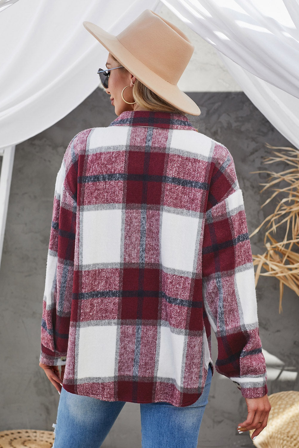 Plaid Button Up Dropped Shoulder Jacket-Angel Casuals