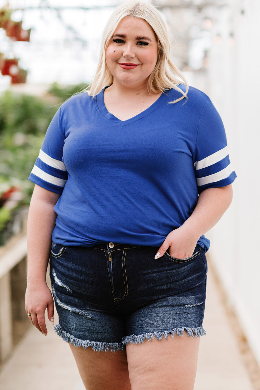 Plus Size Striped V-Neck Tee Shirt-Angel Casuals