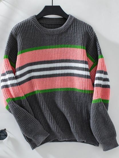 Contrast Stripes Round Neck Long Sleeve Sweater-Angel Casuals