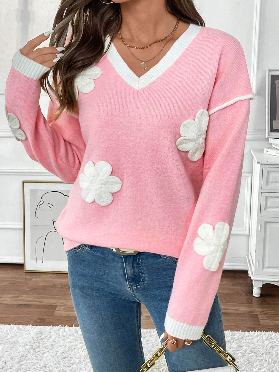 Perfee Flower V-Neck Long Sleeve Sweater-Angel Casuals