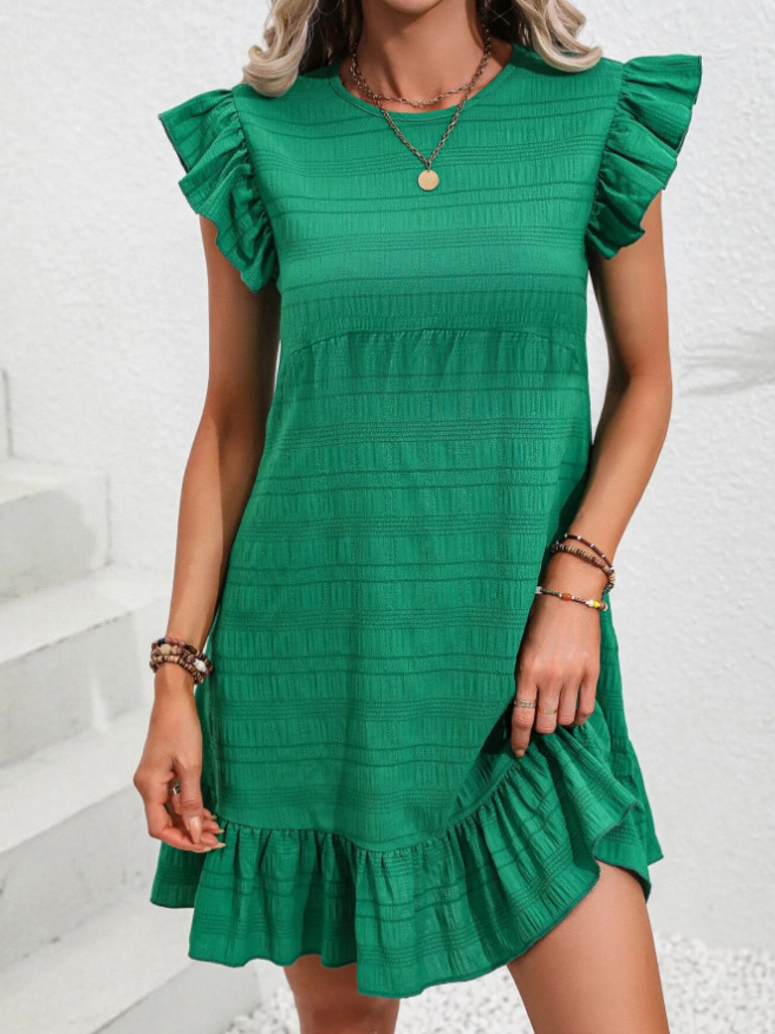 Ruffled Round Neck Cap Sleeve Mini Dress-Angel Casuals