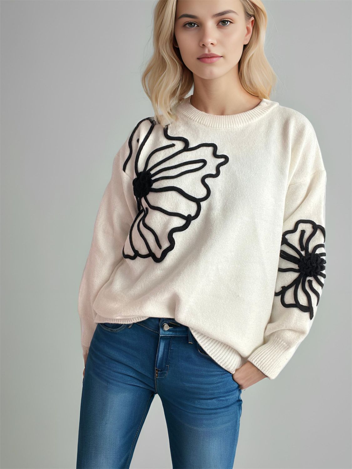 Flower Round Neck Long Sleeve Sweater-Angel Casuals