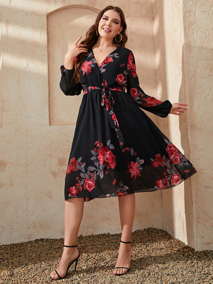 Plus Size Floral Surplice Neck Tie Waist Dress-Angel Casuals