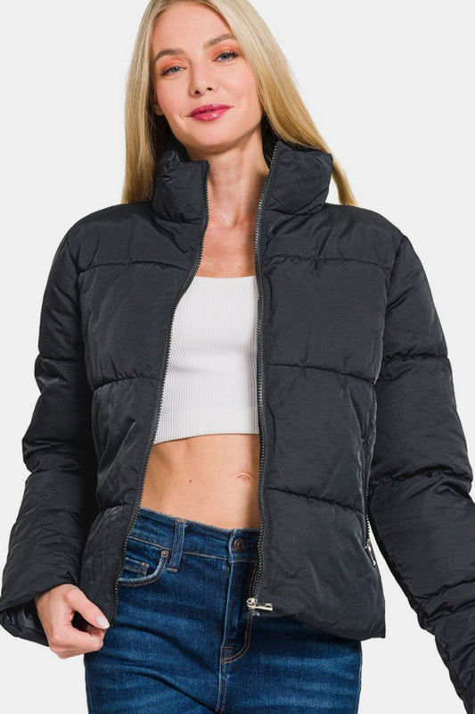 Zenana Zip Up Turtleneck Puffer Jacket with Pockets-Angel Casuals