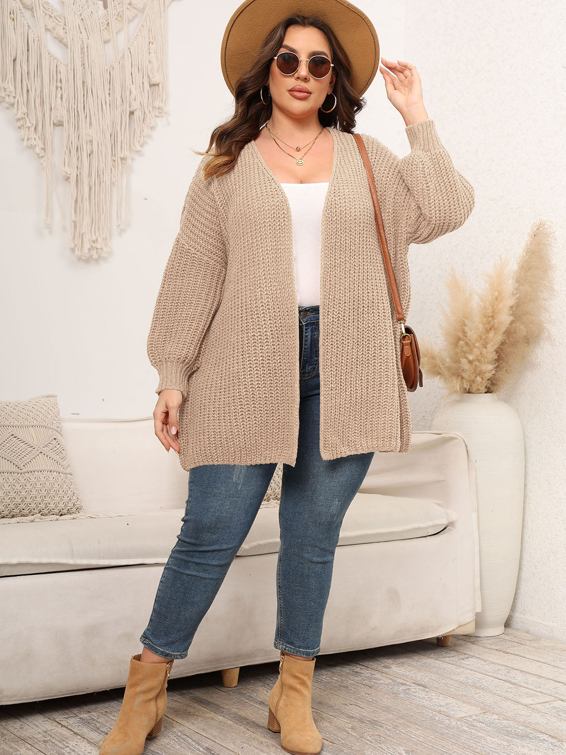 Plus Size Open Front Dropped Shoulder Knit Cardigan-Angel Casuals