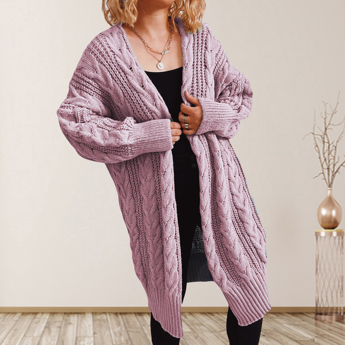 Cable-Knit Open Front Dropped Shoulder Cardigan-Angel Casuals