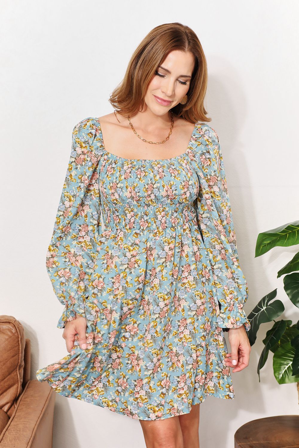 Floral Smocked Flounce Sleeve Square Neck Dress-Angel Casuals