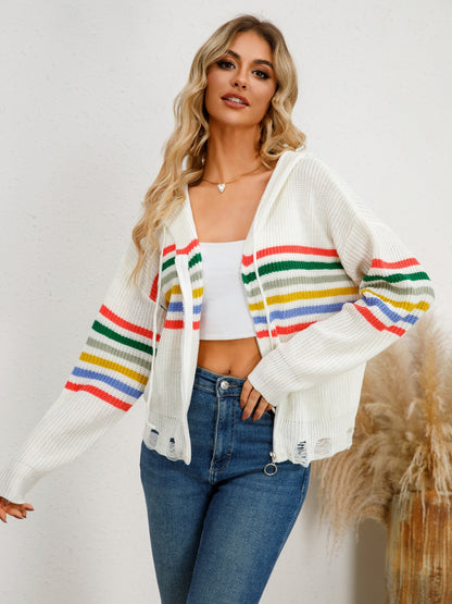 Drawstring Striped Dropped Shoulder Hooded Cardigan-Angel Casuals