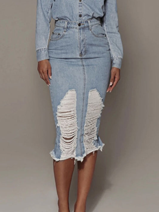 Distressed Slit Denim Skirt-Angel Casuals