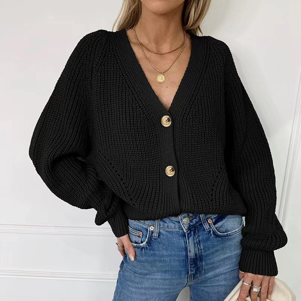 Button Up V-Neck Long Sleeve Cardigan-Angel Casuals