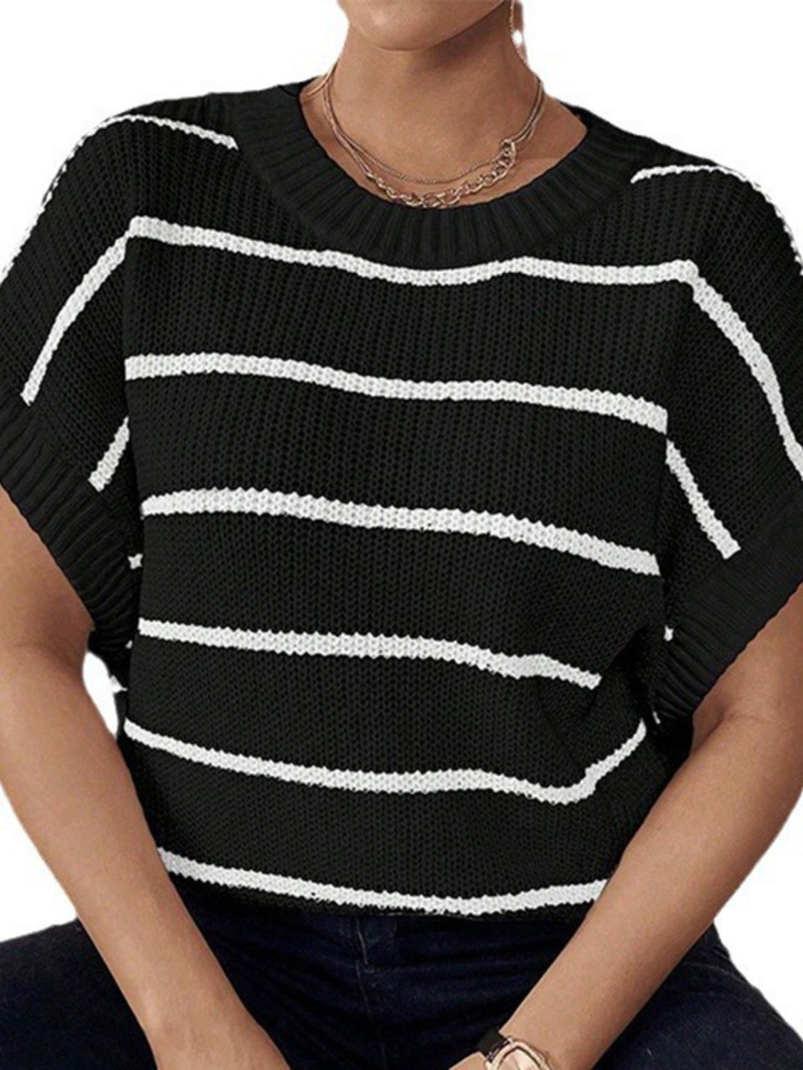 Striped Round Neck Short Sleeve Knit Top-Angel Casuals