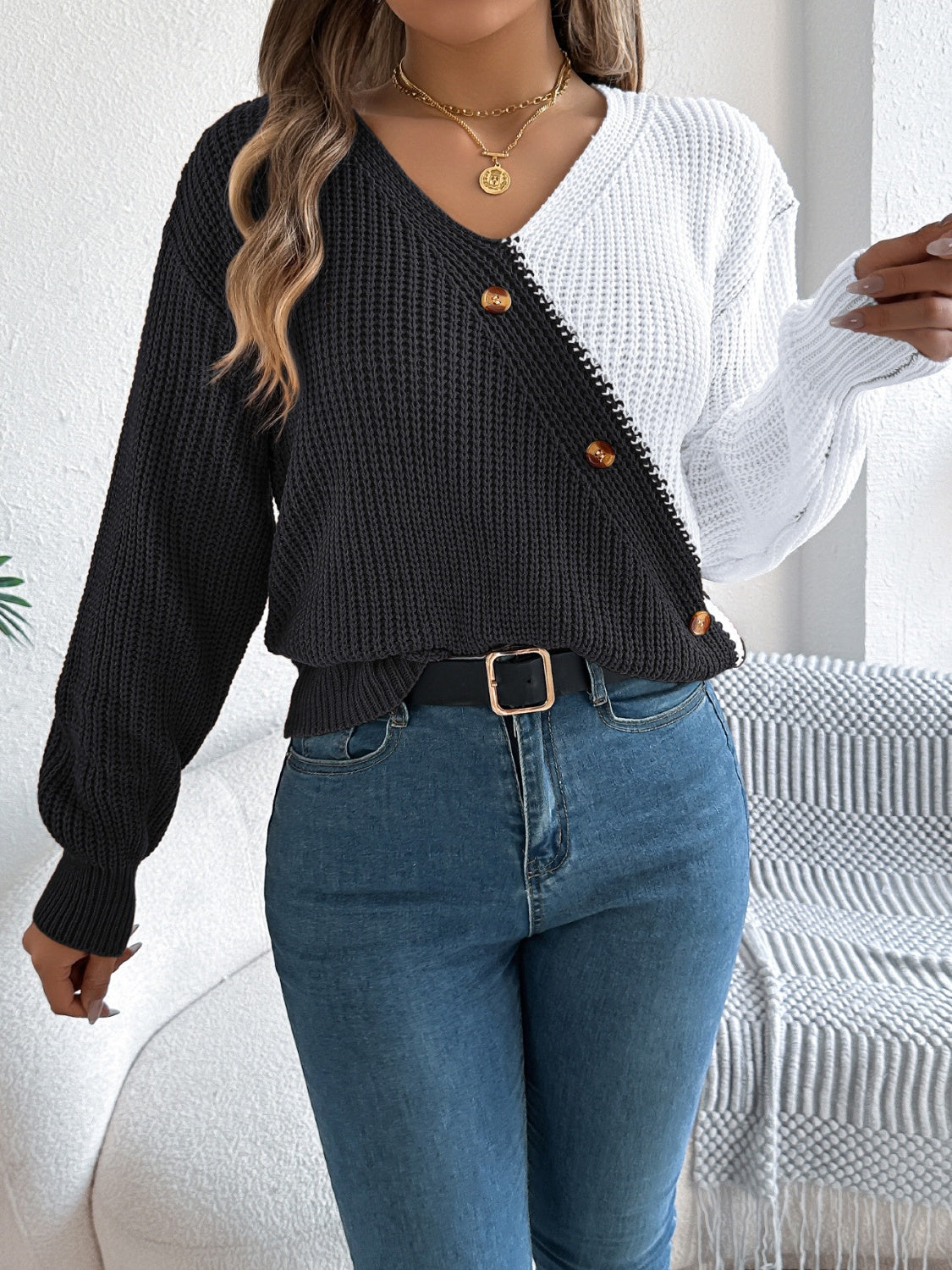 Two-Tone V-Neck Long Sleeve Sweater-Angel Casuals