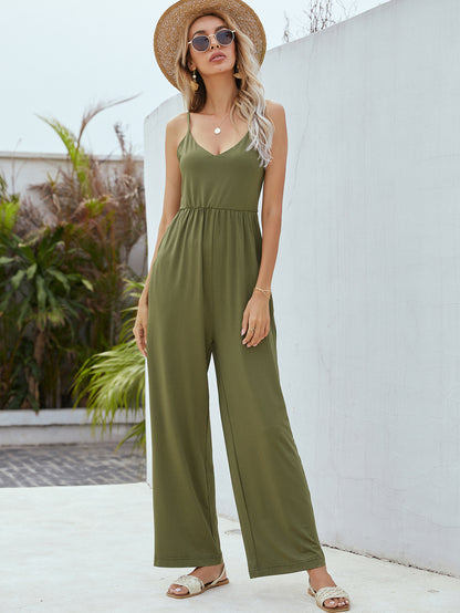 Adjustable Spaghetti Strap Jumpsuit with Pockets-Angel Casuals