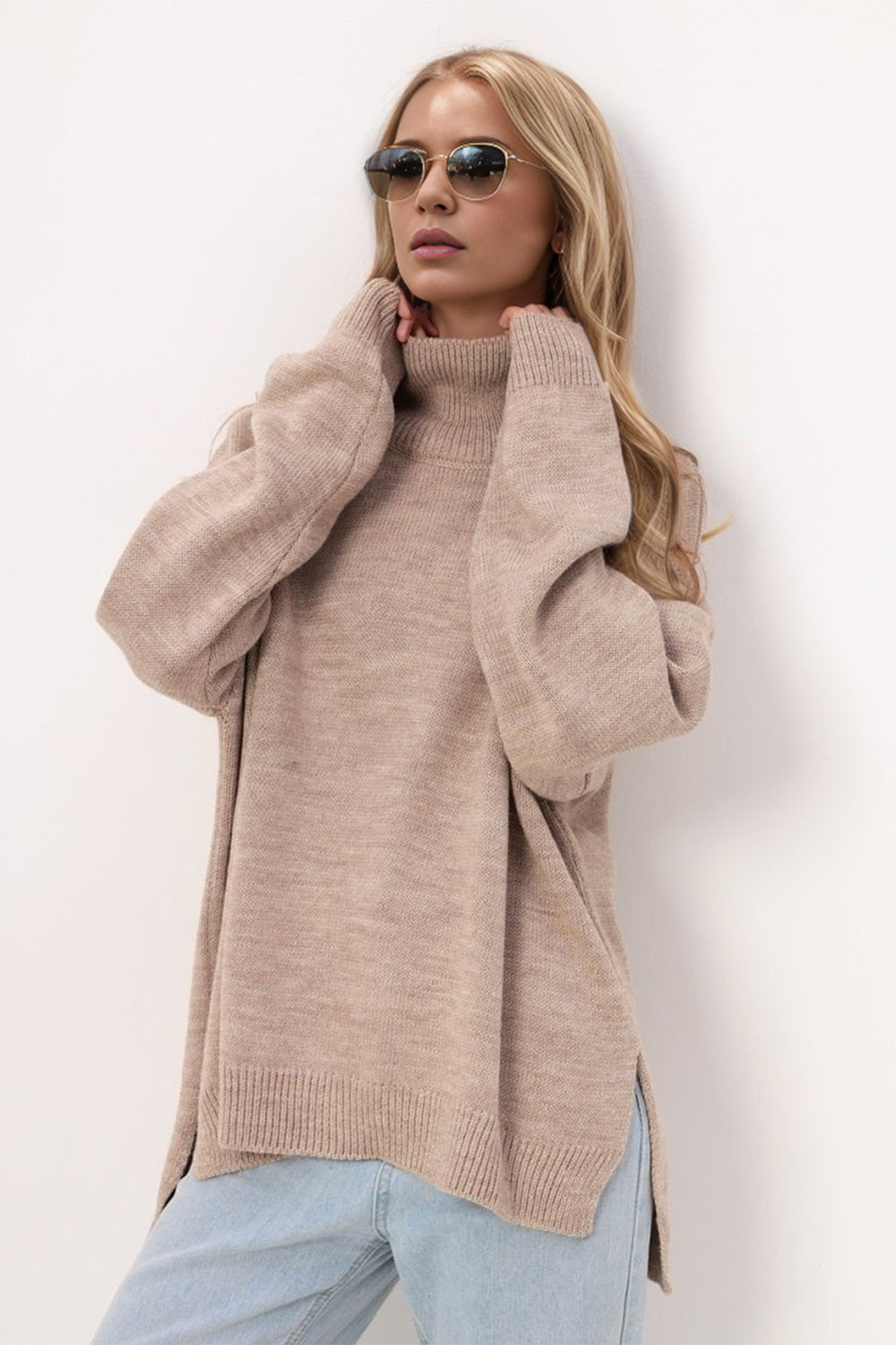 Basic Bae Side Slit Turtleneck Long Sleeve Sweater-Angel Casuals