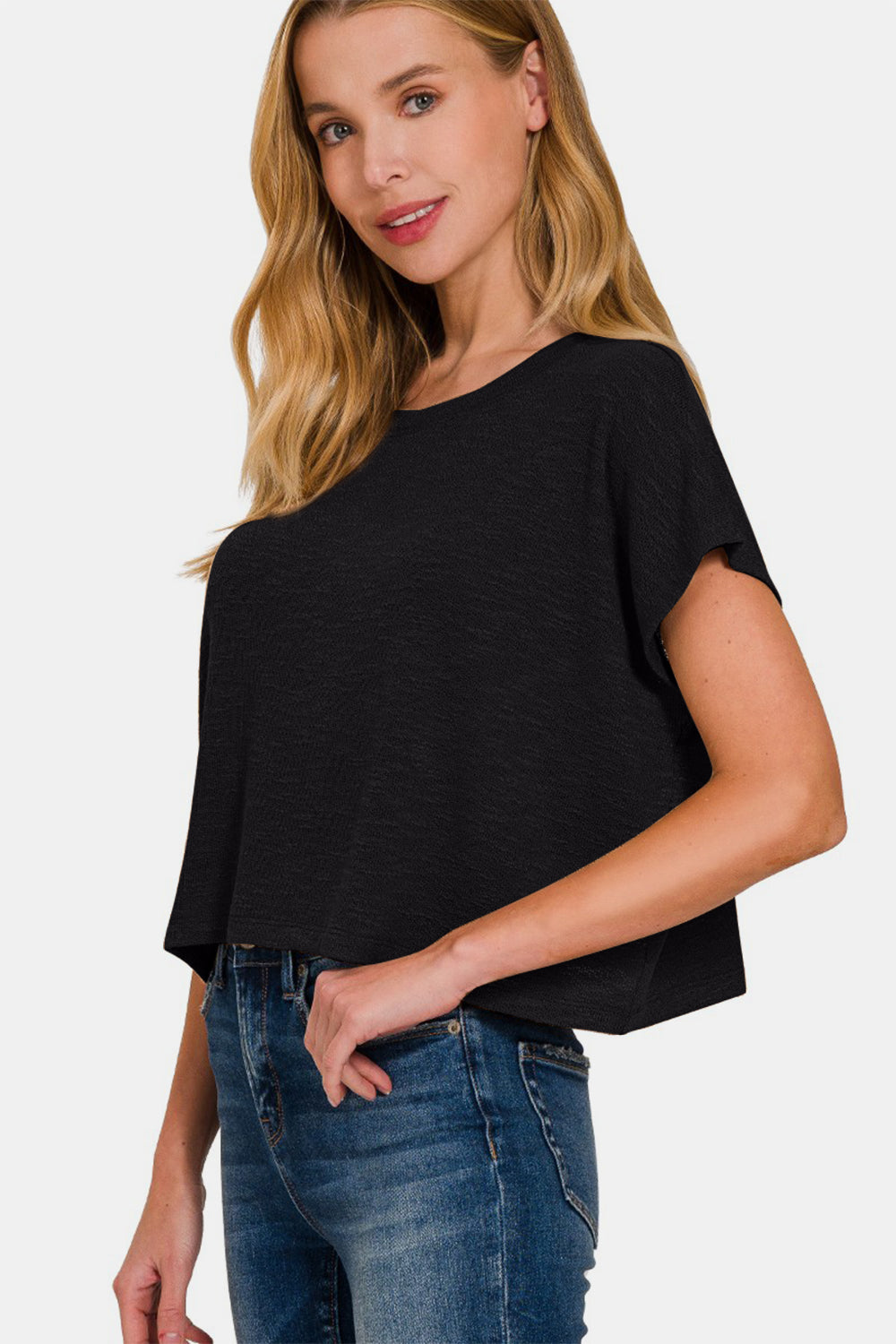 Zenana Round Neck Short Sleeve Crop T-Shirt-Angel Casuals