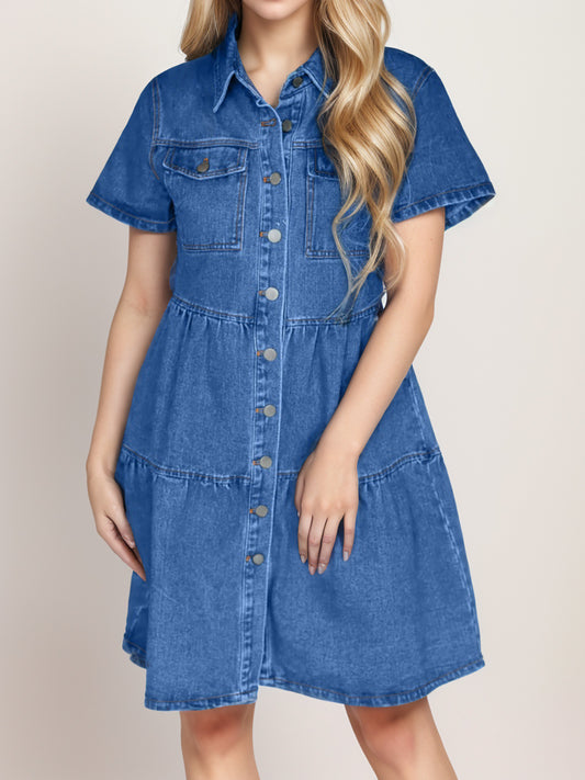 Button Up Short Sleeve Denim Dress-Angel Casuals